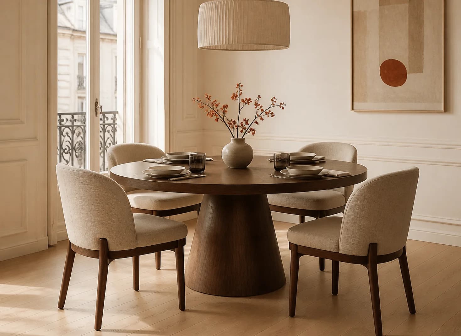 Mira table in a warm walnut dining room